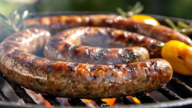 Grilled Spiral Sausage Cooking on Barbecue
