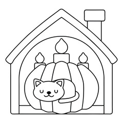 Cute cartoon cat sleeping on a pumpkin inside a house with candles kitten napping