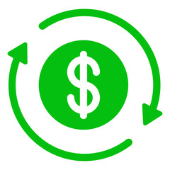 USD symbol circled by two arrows, Money flow, Exchange, Circulation, Vector illustration, on a white background.