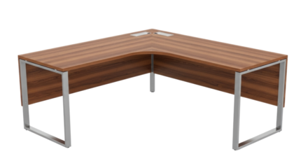 Modern L-shaped office desk with wooden finish and metal accents isolated on transparent bg, cutout png