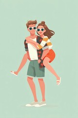 cartoon couple piggyback summer vector illustration