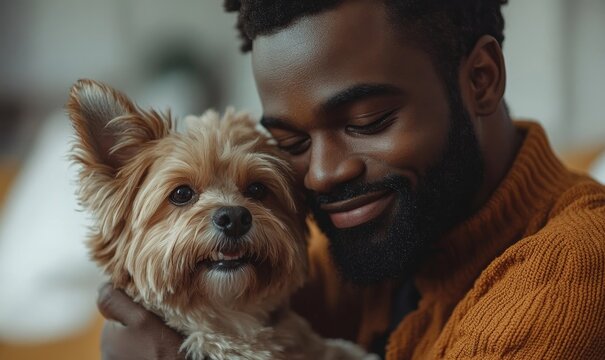Black African American man cuddling his dog at home, conveying the joy of companionship and the emotional bond between humans and pets, Generative AI