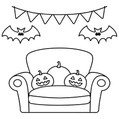 Halloween scene with a couch, pumpkins, and a banner of flags in outline drawing illustration