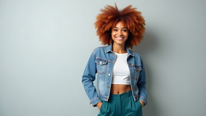Young african american woman with voluminous red afro hair, wearing a denim jacket and stylish pants, smiling confidently against a plain grey background