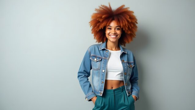 Young african american woman with voluminous red afro hair, wearing a denim jacket and stylish pants, smiling confidently against a plain grey background
