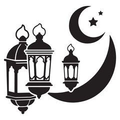  Islamic lanterns and moon icons Silhouette white Background. 