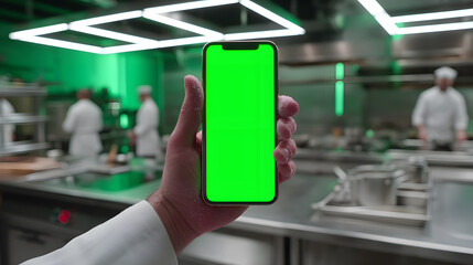 Chef Holding Mobile Phone with Green Screen Mockup in a Professional Kitchen