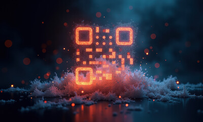 Glowing QR Code Emerges from Digital Snowstorm