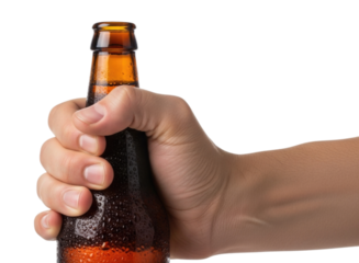 Hand gripping a cold beverage bottle with condensation on a transparent background, cutout PNG