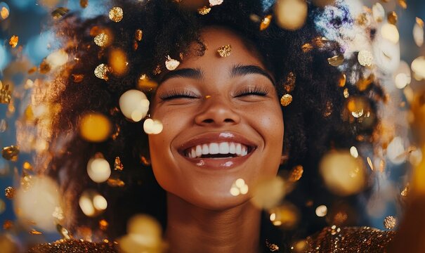 Happy young Black woman celebrating and dancing at a party surrounded by gold confetti. Inclusive and diverse office party, Generative AI