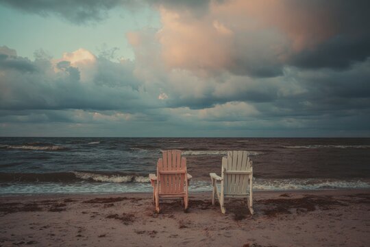 Empty beach chairs sit quietly on a moody shoreline under fading skies, evoking the bittersweet close of summer.