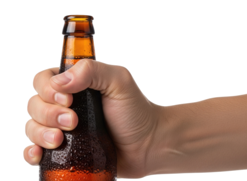 Hand gripping a cold beverage bottle with condensation on a transparent background, cutout PNG