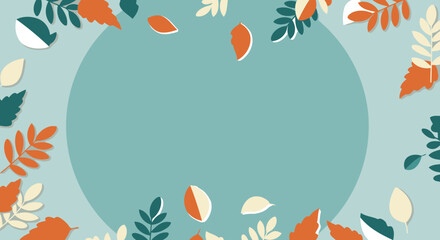 Abstract autumnal leaves with teal and muted orange tones arranged in a circular border against a light teal background.