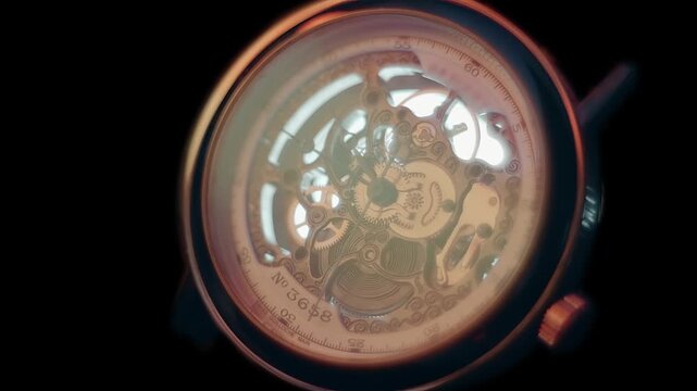 The skeleton watches reflect bright flashes, in tact with the time they accurately count, on a black background, on a black background. Closeup. Macro