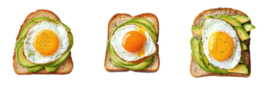 Set of toasts with avocado and fried egg isolated on transparent background PNG - Powered by Adobe