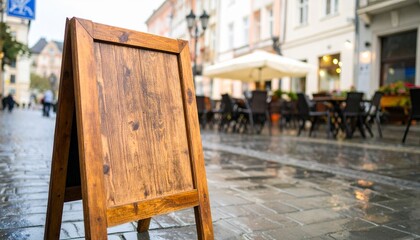 Rustic wooden menu board outside minimalistic coffee shop, rainy day, reflections on wet pavement, moody lighting, city ambience