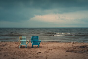 Empty beach chairs sit quietly on a moody shoreline under fading skies, evoking the bittersweet close of summer.