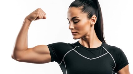 Confident woman flexing her arm over white background, symbolizing strength, fitness, empowerment, and health in a clean, modern, and motivational visual concept


