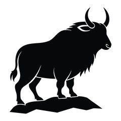 Black silhouette of a bull standing on a rock against a white background animal