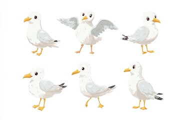 Cute seagulls in various poses.