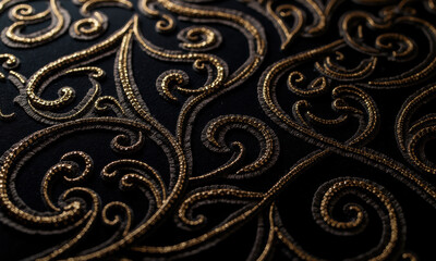 Luxurious Black Fabric with Ornate Gold Embroidery Close-up