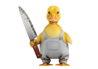 A humorous 3D cartoon of a cute, fluffy yellow duckling wearing gray overalls and holding a large, bloody kitchen knife. isolated on transparent background