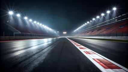 Empty race track under bright stadium lights at night