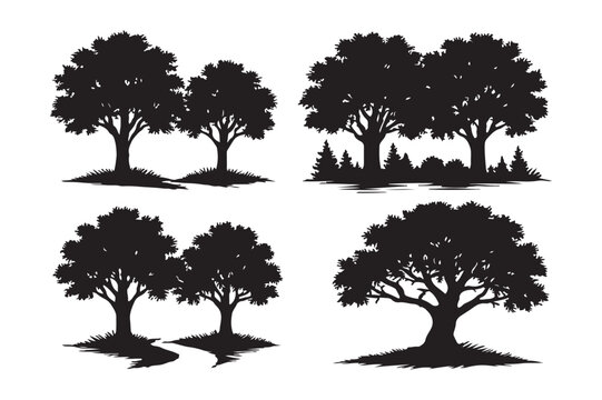 Four distinct landscape scenes with tree silhouettes and paths trees nature