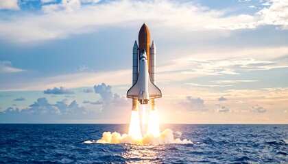 Space shuttle launching over ocean at sunrise