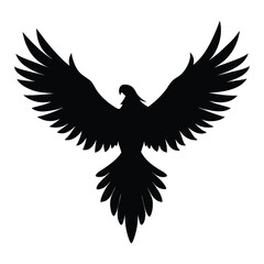 Black silhouette of a bird with spread wings and tail feathers white