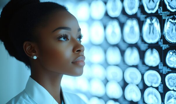 Black female physician scientist doctor examining medical x-ray CT scans of the human brain. Artificial intelligence healthcare innovation in hospitals and patient diagnosis, Generative AI