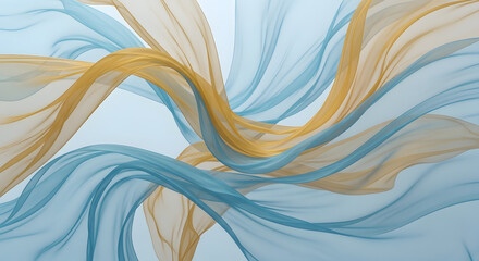 Abstract flowing silk fabric waves in blue and gold color background
