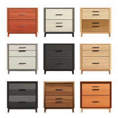 Set of various modern bedside table on isolated transparent cutout PNG Background