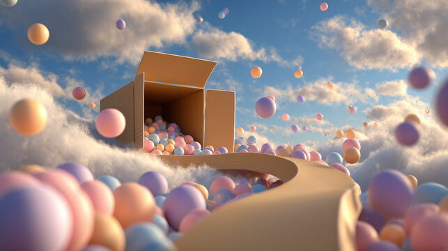 Giant open cardboard box releasing a flowing ribbon-like conveyor path filled with floating pastel spheres against a vibrant sky background. Surreal fantasy product launch scene with whimsical - Powered by Adobe