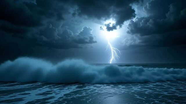 Dramatic lightning strikes over stormy ocean waves during powerful thunderstorm video footage