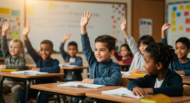 Young cute schoolboy raising hand to answer question from teacher in classroom. Happy kid elementary student learning while sitting at desk during lesson. Education, knowledge, back to school concept