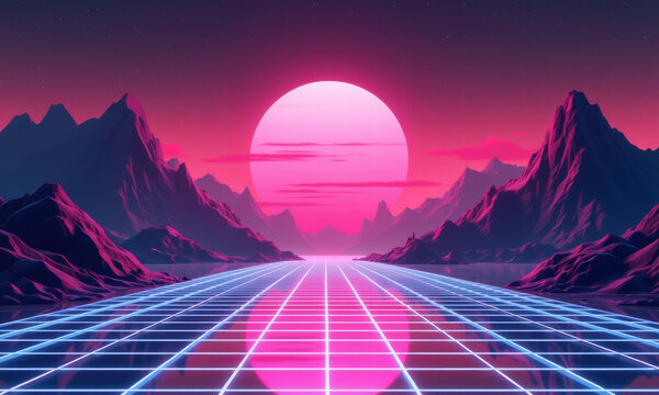 Retro-futuristic synthwave landscape with glowing grid and neon sunset.