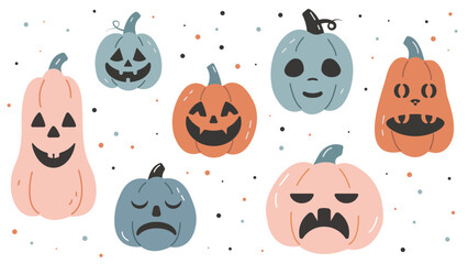 Cute Halloween pumpkin faces set. Trendy flat style, playful spooky expressions, autumn pastel colors. Perfect for kids decor, prints, stickers, and social media.