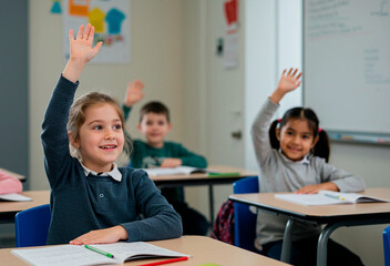 Fototapeta premium Young cute schoolgirl raising hand to answer question from teacher in classroom. Happy kid elementary student learning while sitting at desk during lesson. Education, knowledge, back to school concept