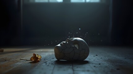 a mask in the shape of a human face lying on a wooden floor