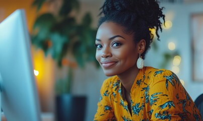Happy Black woman working remotely, participating in a virtual video team meeting. The image represents a flexible work culture, showcasing a female digital nomad freelancing, Generative AI