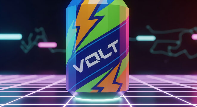 A vibrant 'VOLT' energy drink can with a colorful lightning bolt design sits on a glowing neon grid. - Powered by Adobe