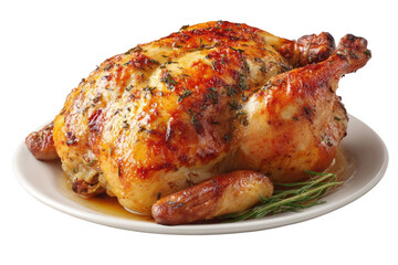 Roasted whole chicken on a plate.  Crispy, golden brown skin.  Small, browned pieces beside the chicken. Fresh herbs and rosemary