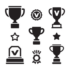 Set of winning award and prize icons trophy reward victory trophy signs depicting an award white Background..