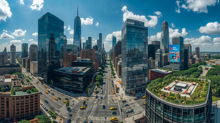 Panoramic view of a bustling cityscape with modern skyscrapers, a prominent One World Trade Center, traffic, and a green rooftop garden under a sunny, cloudy sky.