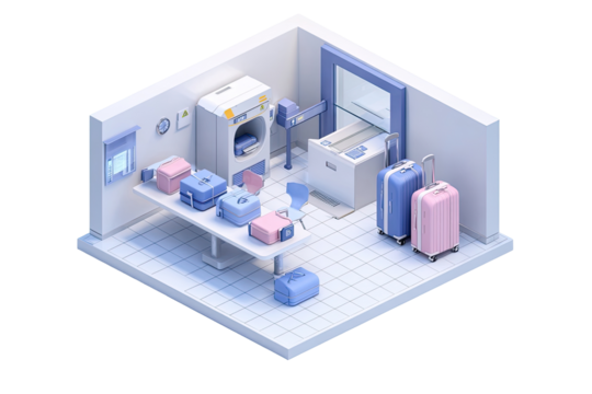 Isometric view of a small airport luggage handling area. A cuboid room shows a luggage sorting area with various suitcases, a scale, and a conveyor belt. Muted pastel colors and clean lines