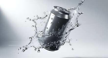 A generic silver aluminum beverage can is tilted mid-air, creating a dynamic splash of clear, cool water against a clean, light gray background.