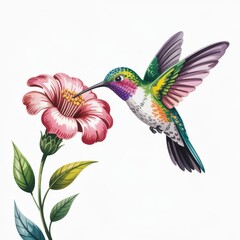 Obraz premium Colorful Hummingbird Feeding on a Vibrant Pink Flower in a Whimsical Watercolor Style Illustration