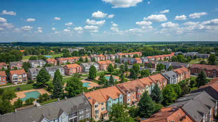 Obraz premium Aerial view of a suburban neighborhood with rows of townhouses and apartments, lush green trees, and a bright blue sky with fluffy clouds.