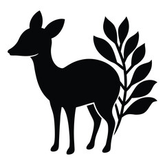 Black silhouette of a deer standing next to a stylized branch with leaves animal nature